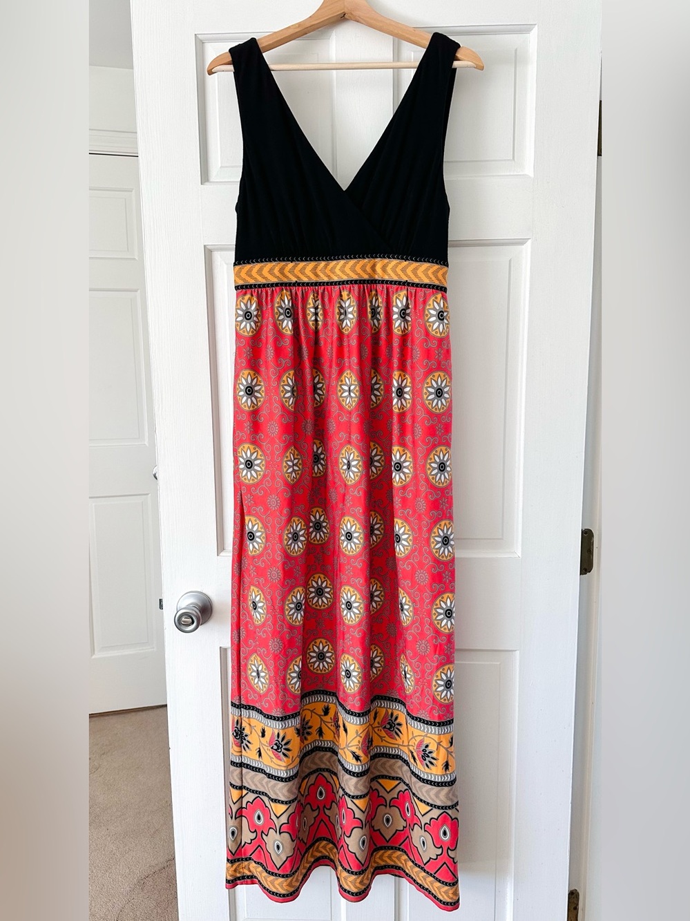 Phoebe Couture Bohemian Maxi Long Dress Black Coral Orange Size 10